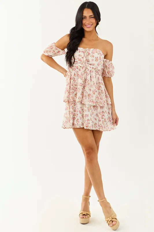 Ivory Floral Print Off the Shoulder Mini Dress - Promesa
