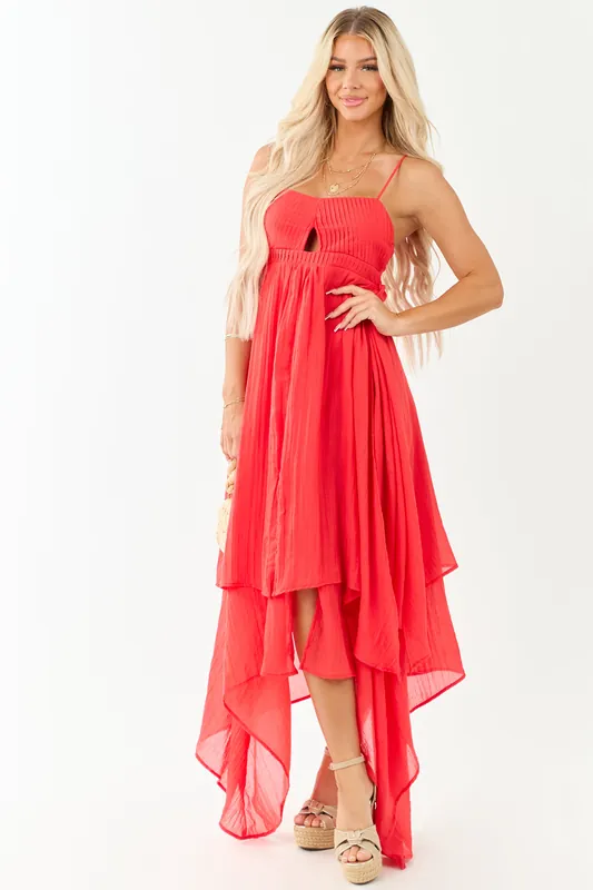 Poppy Red Layered Handkerchief Hem Maxi Dress - Promesa
