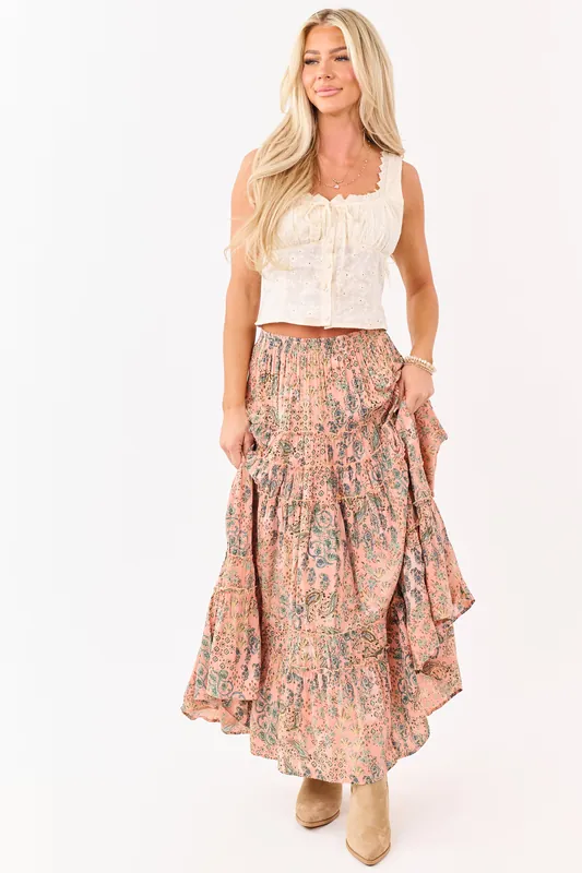 Light Coral Paisley Floral Frill Tiered Maxi Skirt - ANGIE