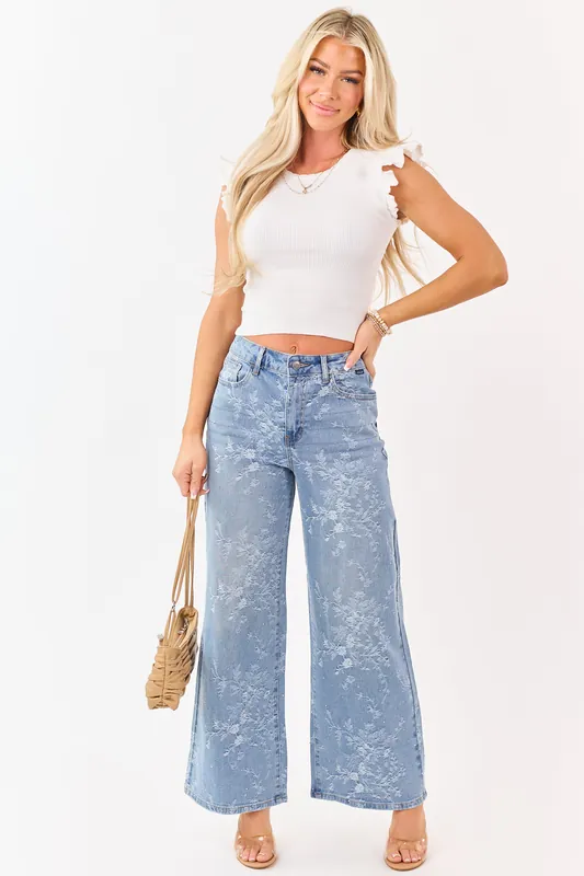 Cello Light Wash Floral Rhinestone Wide Stretch Jeans - Cello Jeans