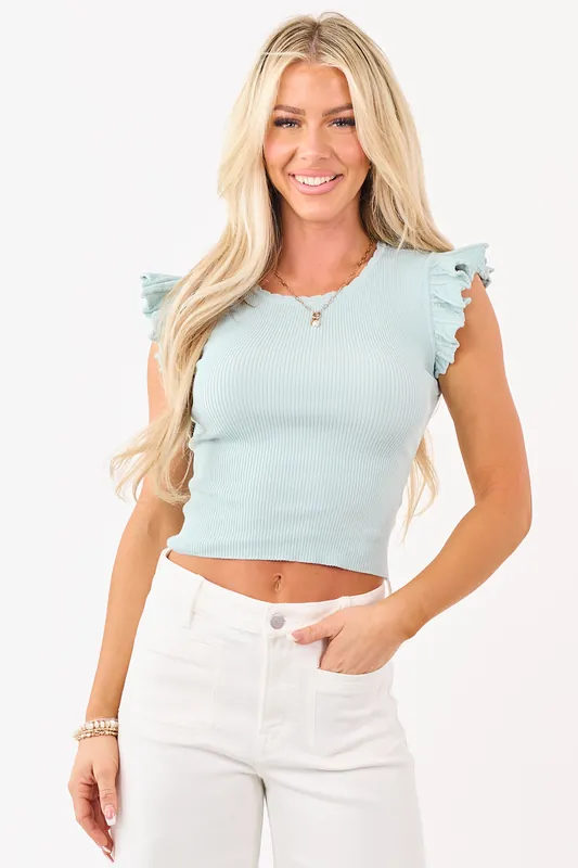 Light Sage Rib Knit Ruffle Cap Sleeve Top - Blu Pepper