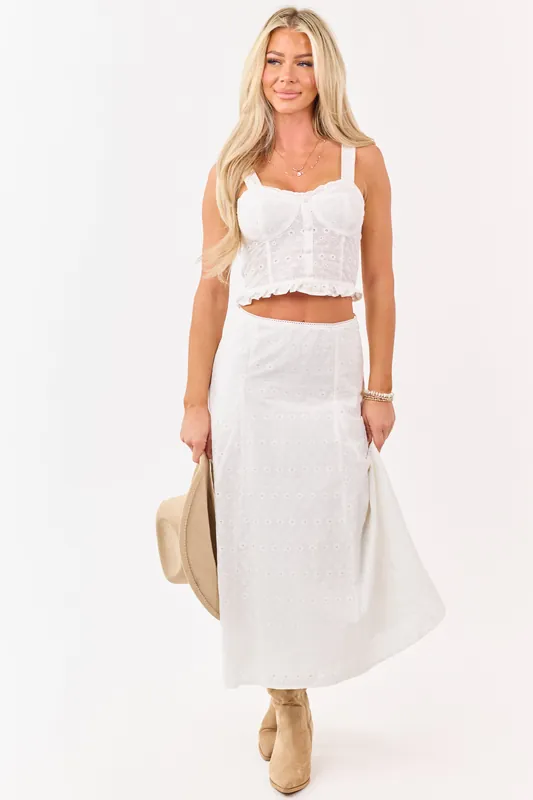 Off White Eyelet Lace Cotton Midi Skirt - Blu Pepper