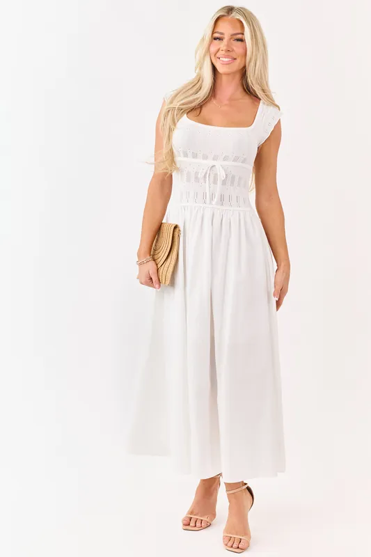 Ivory Pointelle Knit Cotton Skirt Midi Dress - Blu Pepper