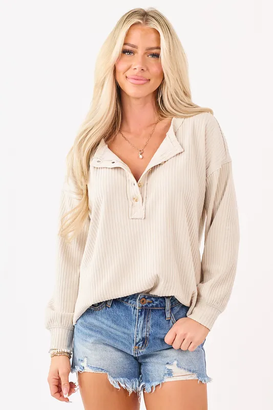 Beige Long Sleeve Knit Henley Top - Blu Pepper
