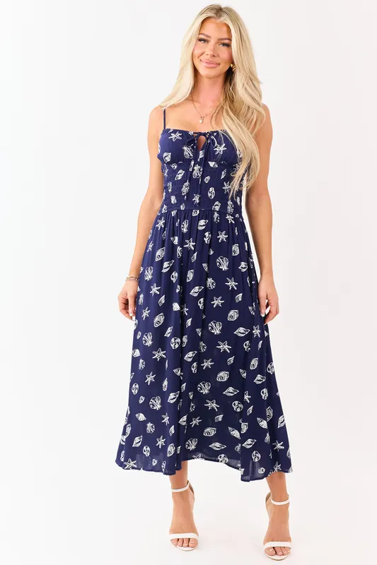 Navy Nautical Print Smocked Waist Midi Dress - Blu Pepper