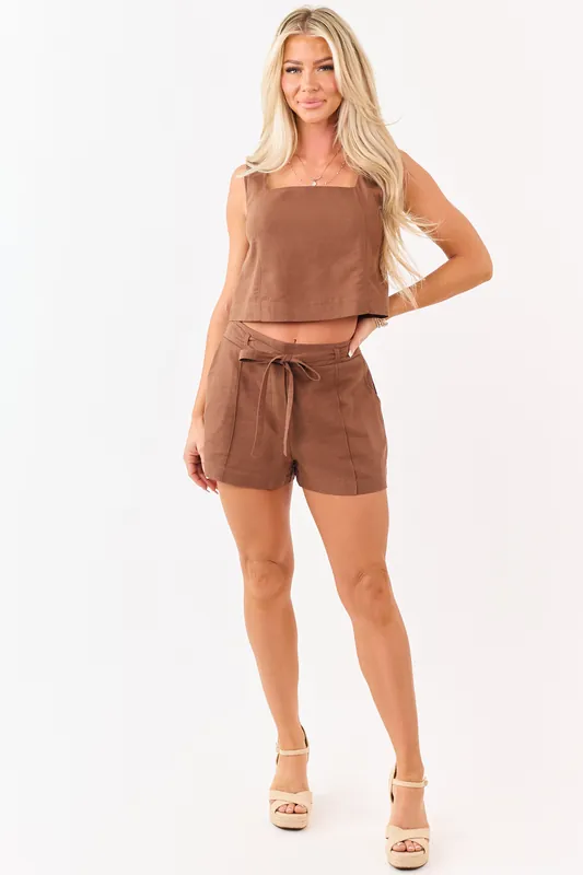 Sepia Waist Tie Linen Blend Mini Shorts - Blu Pepper