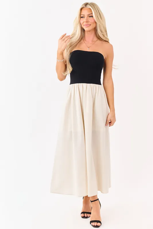 Black and Almond Colorblock Strapless Midi Dress - Blu Pepper
