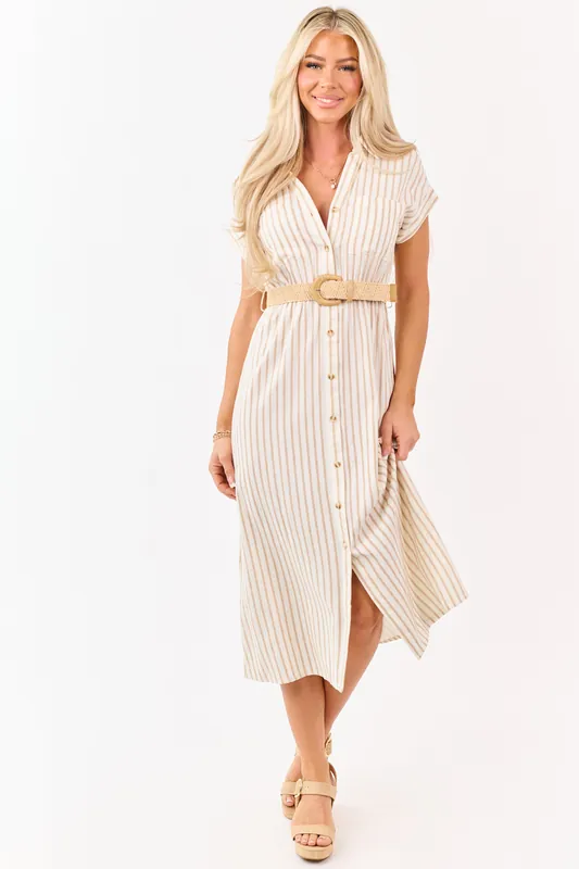 Almond Striped Button Down Midi Dress with Belt - Blu Pepper
