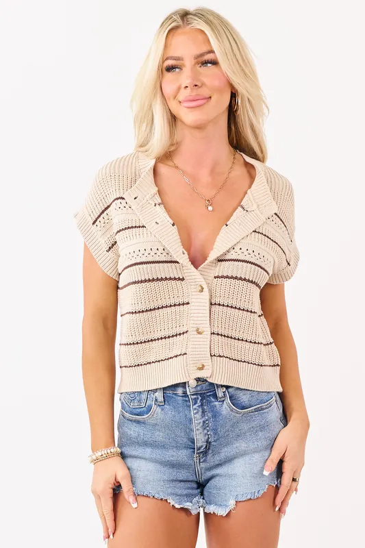 Beige and Cocoa Striped Button Down Cotton Vest Top - Blu Pepper