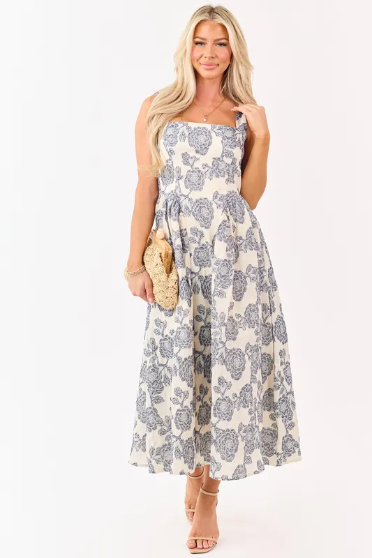 Cream and Navy Floral Jacquard Sleeveless Midi Dress - Blu Pepper