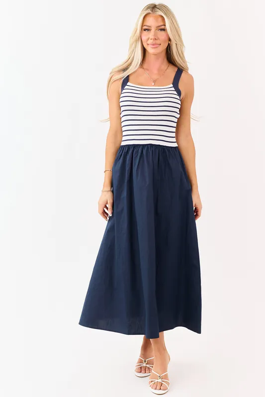 Navy Striped Knit Contrast Cotton Skirt Midi Dress - Blu Pepper
