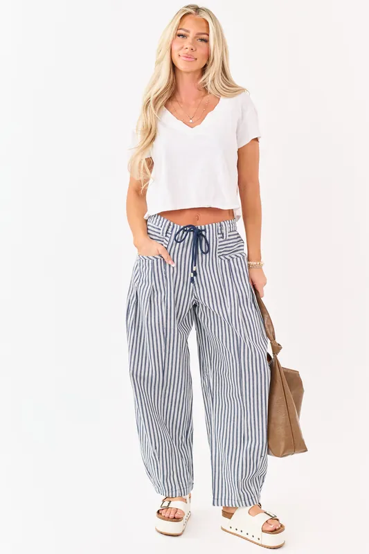 Navy Striped Elastic Waistband Denim Barrel Pants - Very J