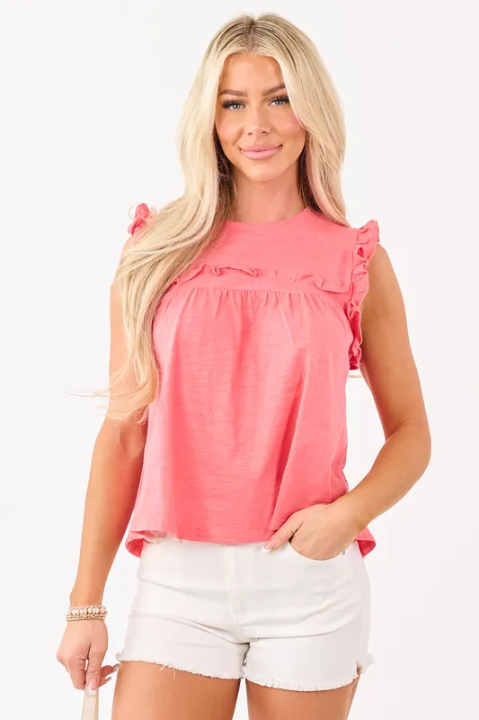 Watermelon Cotton Ruffle Trim Round Neck Tank Top - Very J