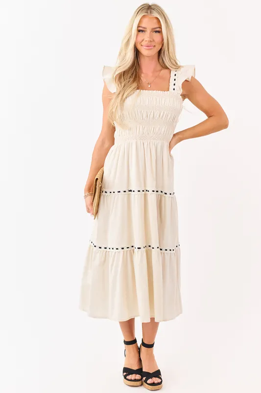 Almond Smocked Lace Ribbon Tiered Midi Dress - Very J
