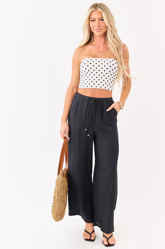 Black Elastic Waistband Wide Leg Flowy Pants - Very J