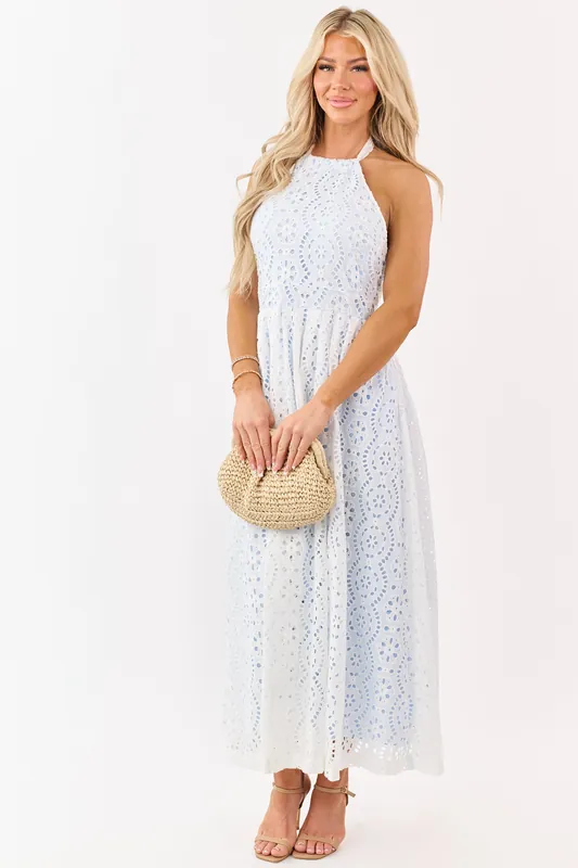 Ivory Cotton Eyelet Lace Halter Neck Maxi Dress - Camellia Clothing