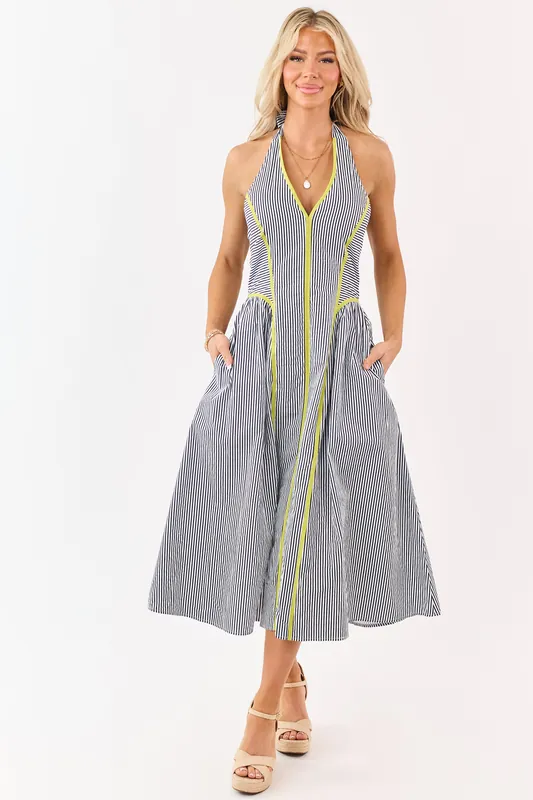 Entro Navy Striped Cotton Halter Midi Dress