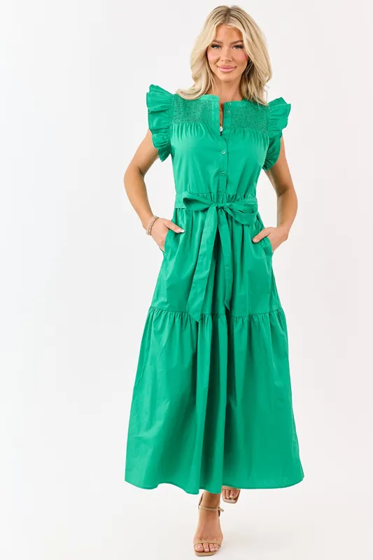 Kelly Green Ruffle Sleeve Smocked Cotton Midi Dress - Lalavon