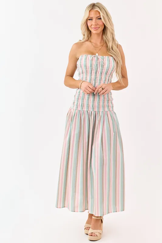 Baby Pink Striped Smocked Strapless Maxi Dress - Lalavon