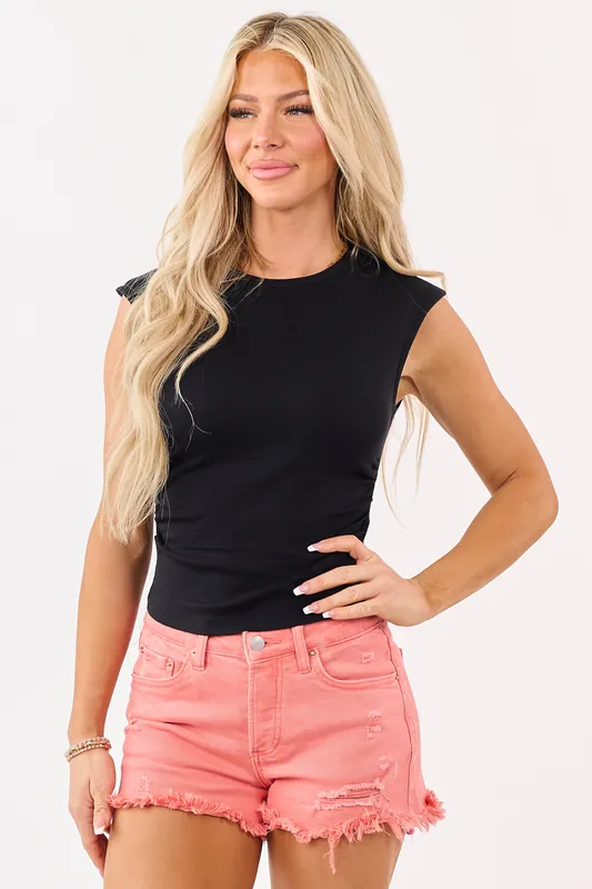 Black Ruched Sides Cap Sleeve Top - HYFVE