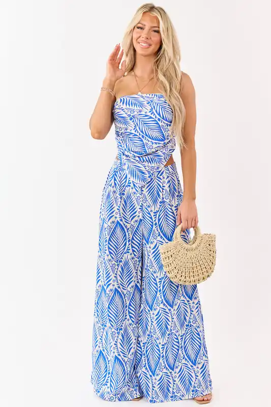 Cobalt Tropical Print Crop Top and Pant Set - HYFVE