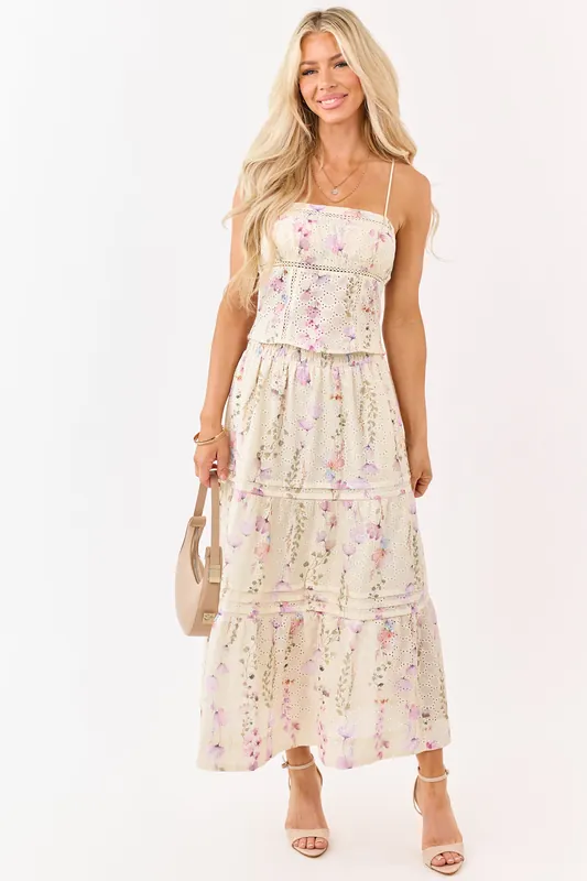 Cream Floral Print Eyelet Tiered Midi Skirt - HYFVE