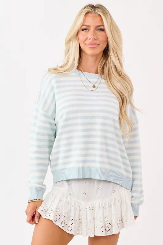 Sky Blue and Ivory Striped Ribbed Knit Sweater - Paper Moon