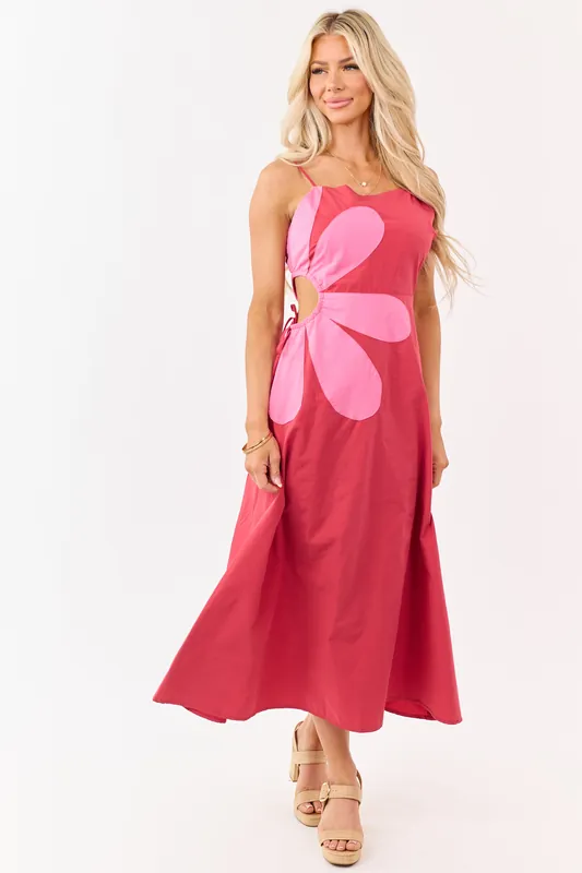 Candy Apple Red Cotton Side Cut Out Flower Midi Dress - Very J