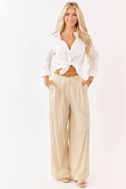 Beige Linen Blend Pleated Wide Leg Pants - Shop Iris