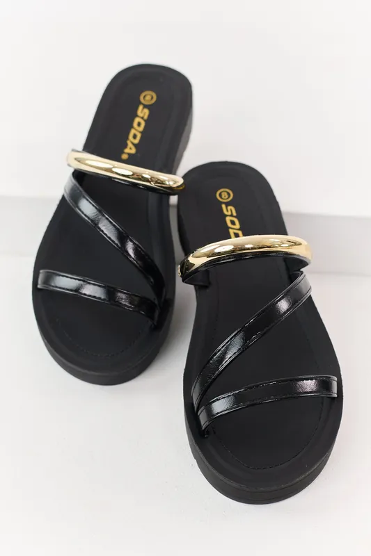 Black Triple Strap Platform Slip On Sandals - FORTUNE DYNAMIC