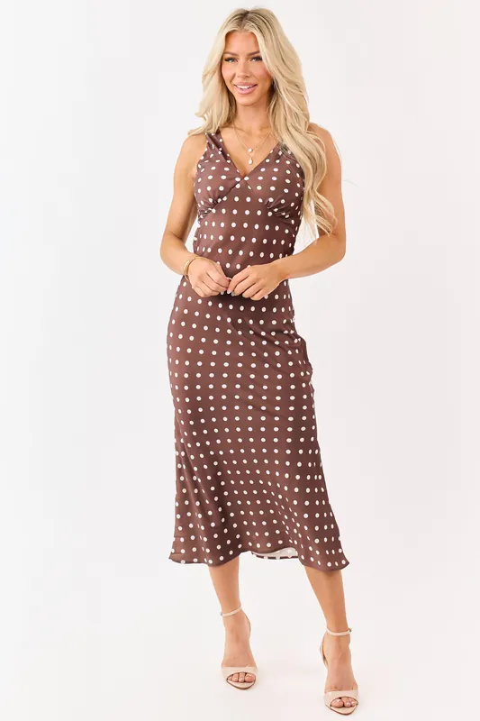 Sepia and Ivory Polka Dot Satin Midi Dress - HYFVE