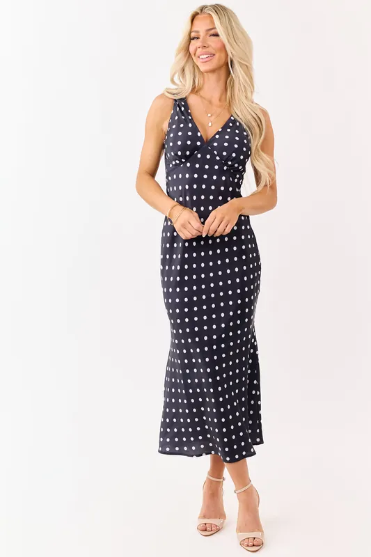Black and Off White Polka Dot Satin Midi Dress - HYFVE