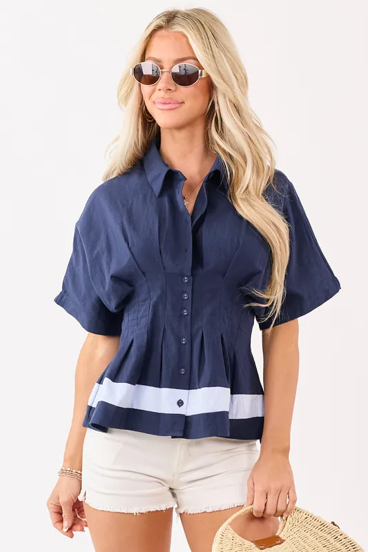 Navy Button Down Half Sleeve Pleated Cotton Top - Umgee