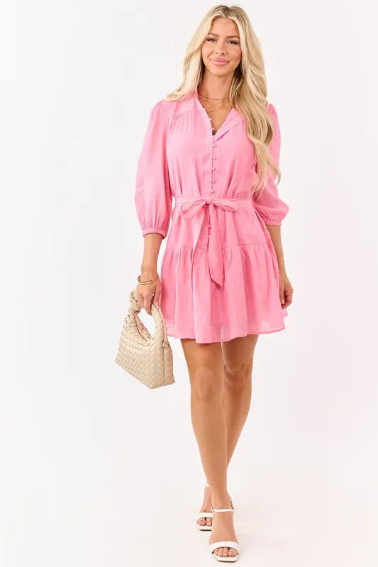 Punch Button Down High Collar Waist Tie Mini Dress - Umgee