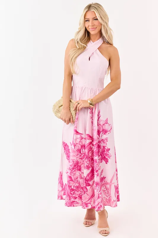 Flying Tomato Blush Cotton Floral Halter Midi Dress