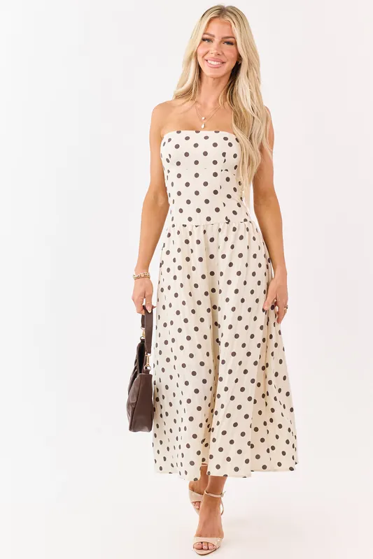 Almond and Cocoa Polka Dot Strapless Midi Dress - Blu Pepper