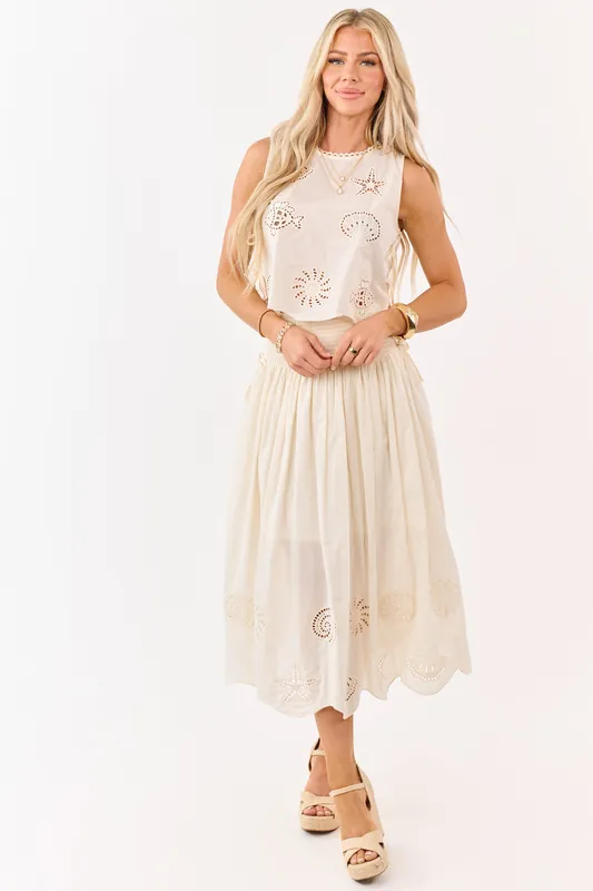 Cream Cotton Nautical Embroidered Hem Midi Skirt - Blu Pepper