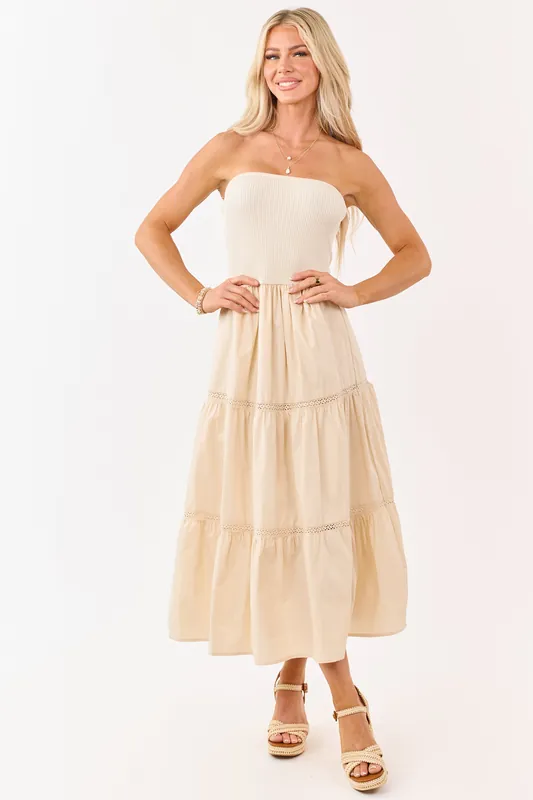 Desert Sand Rib Knit Bodice Tiered Midi Dress - Blu Pepper