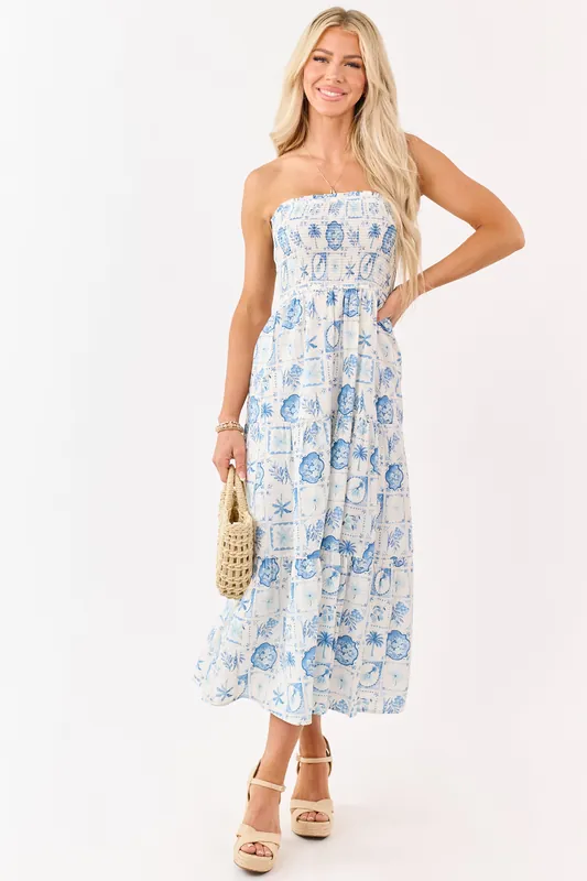 Ivory and Cornflower Vacation Print Midi Dress - Blu Pepper