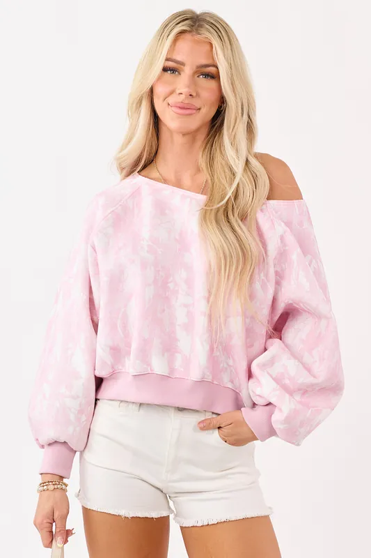 Baby Pink Faded Camo Print Off Shoulder Sweatshirt - Paper Moon