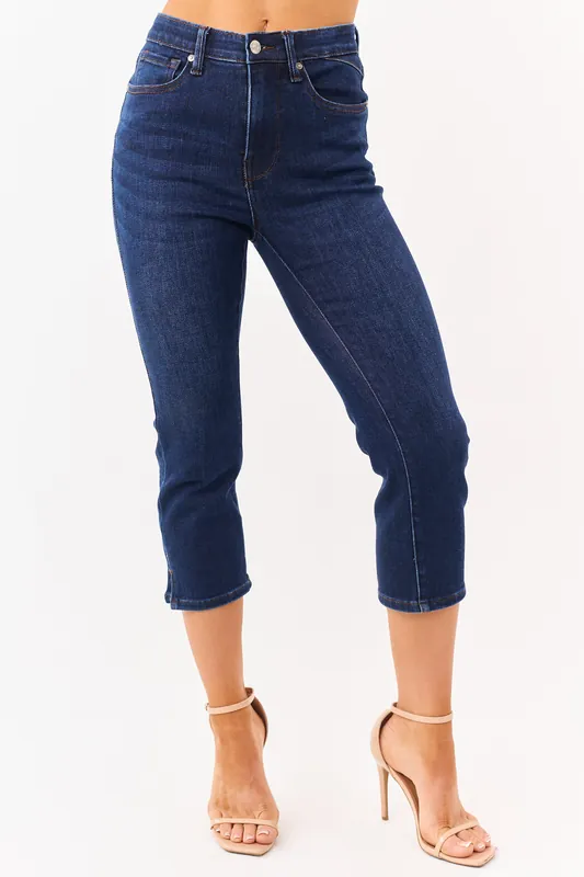 Saige Dark Wash Tummy Control Stretchy Capri Jeans - Saige Denim