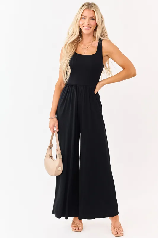 Black Sleeveless Wide Leg Soft Knit Jumpsuit - Wasabi+Mint