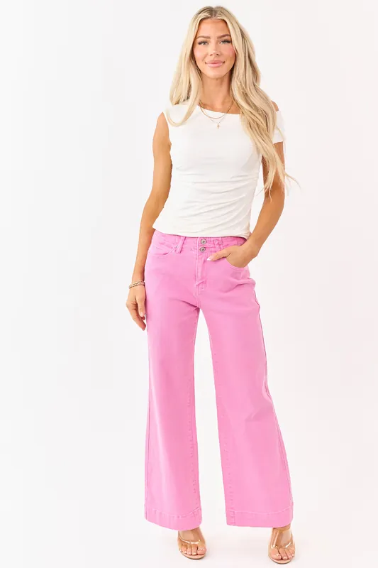 Bubblegum Stretchy Wide Leg High Rise Jeans - Shewin