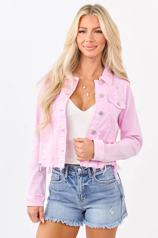 Risen Carnation Acid Wash Distressed Denim Jacket