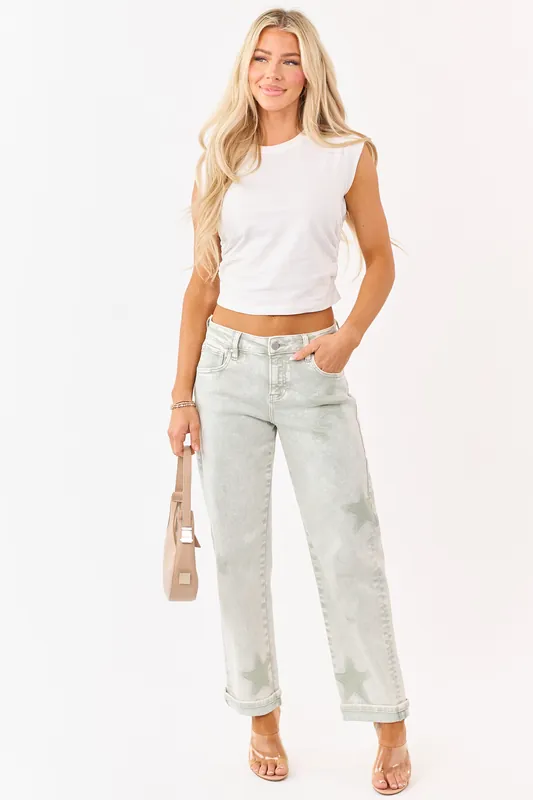 Risen Pistachio Washed Star Stretchy Slim Barrel Jeans