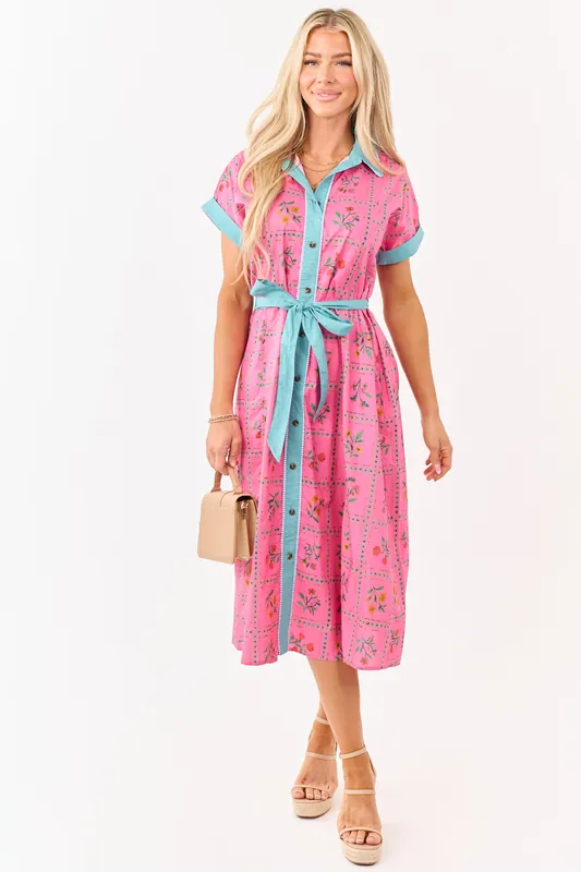 Raspberry Cotton Floral Faux Button Down Midi Dress - Umgee