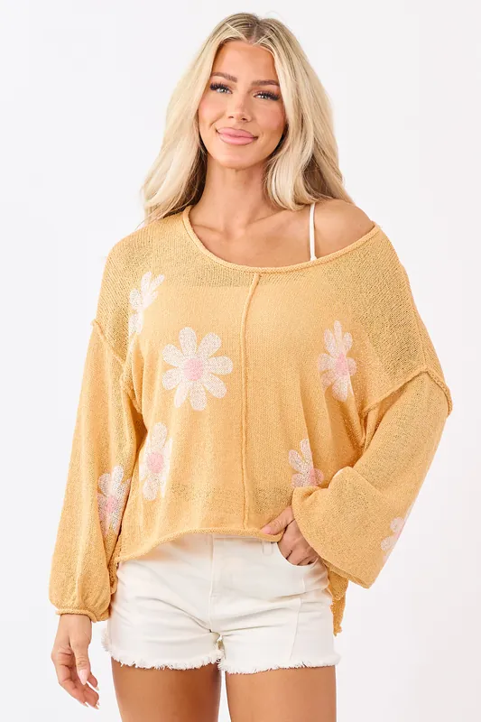 POL Tangerine Daisy Print Open Knit Relaxed Sweater - POL Clothing
