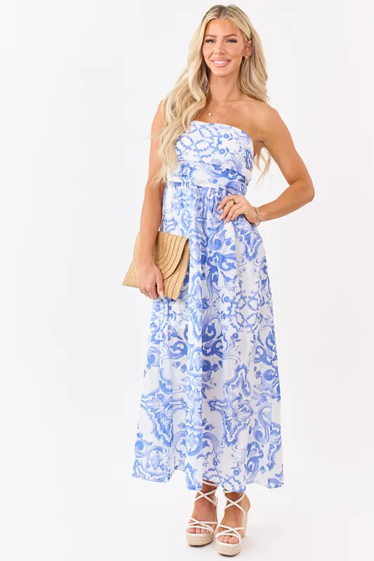 Sapphire Damask Floral Pattern Strapless Maxi Dress - THE VINTAGE SHOP