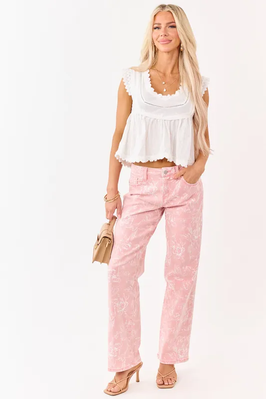 Risen Punch Floral Relaxed Straight Stretchy Jeans