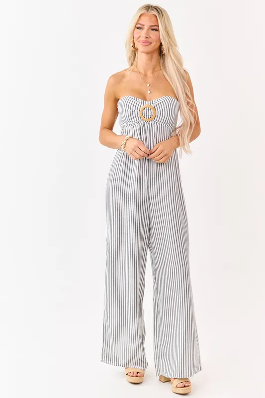 Off White Striped Strapless Wide Leg Jumpsuit - Timing
